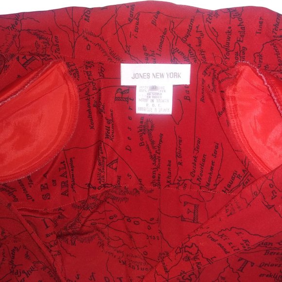 Vintage JONES NEW YORK Red/Black Pleated Map of Magellan Secretary Blouse S 10 - Picture 7 of 10